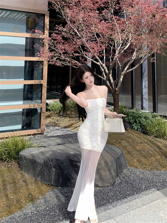 White lace suspender dress beautiful waist hip skirt R0526