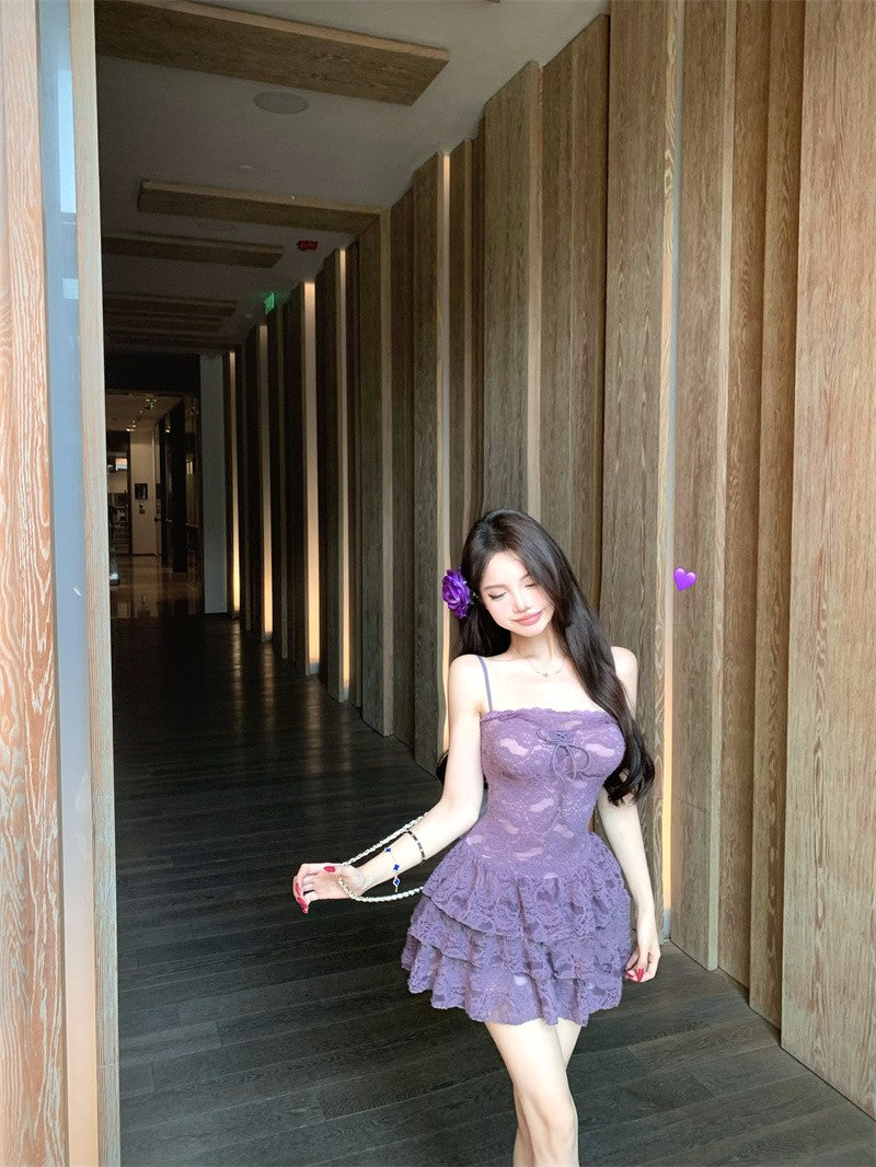 Sexy purple suspender dress with elegant waist and slimming A-line short skirt R0541
