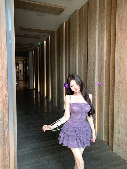 Sexy purple suspender dress with elegant waist and slimming A-line short skirt R0541
