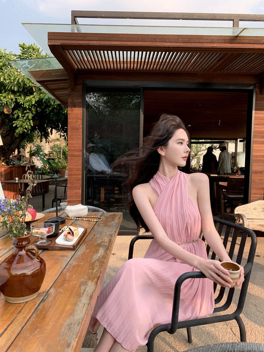 Pink sleeveless halter dress gentle style super beautiful dress R0727