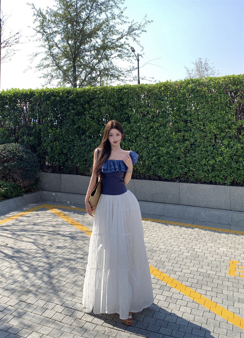 Beautiful outfit set, gentle temperament, beautiful one-shoulder top, A-line skirt, two-piece suit R0728