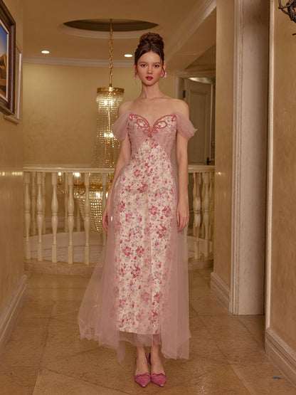 French fairy dress mesh satin printed fishbone dress evening gown dress homecoming dress R5117