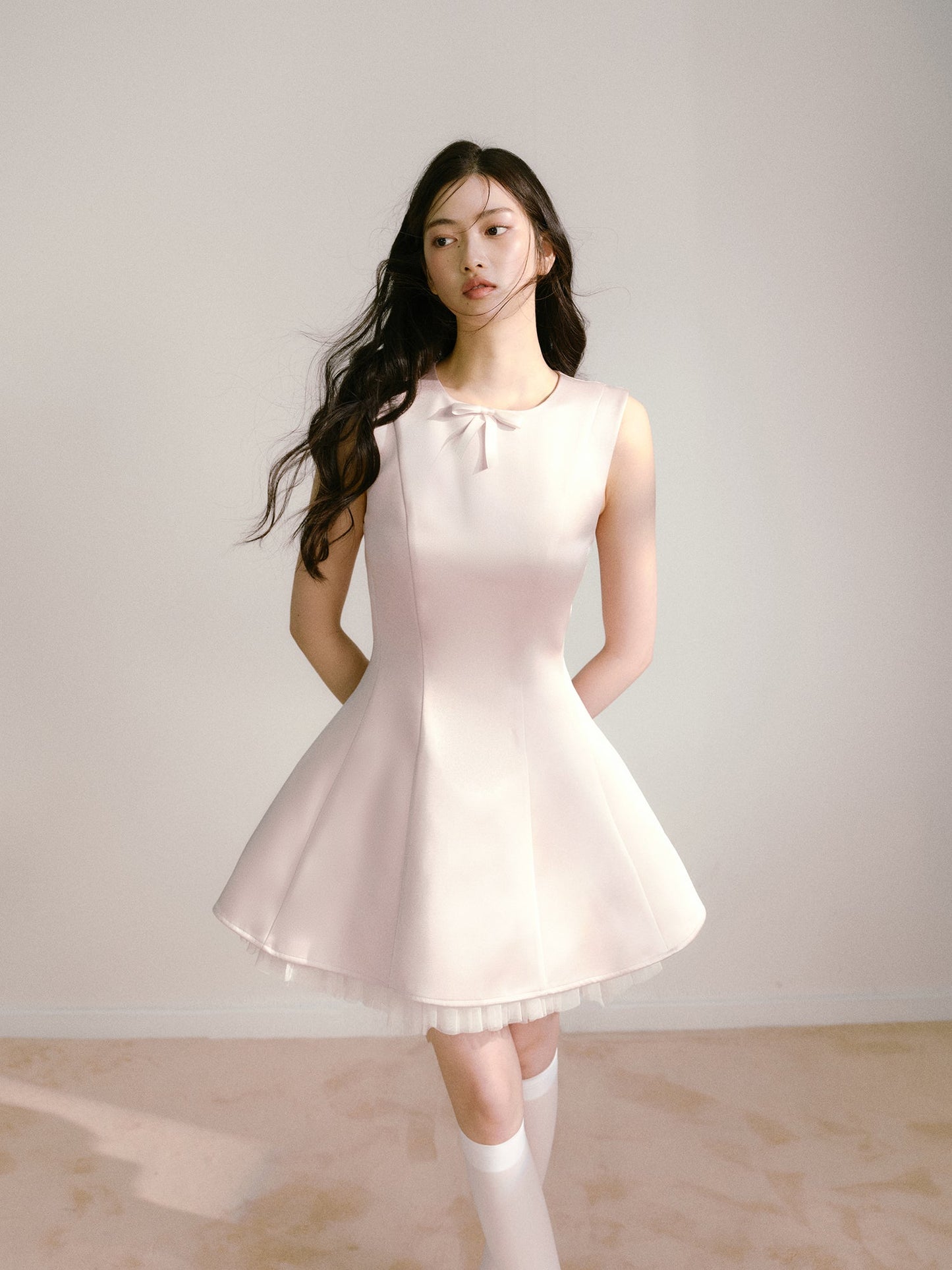 Light pink shiny satin vest dress with mesh ballet style sleeveless tutu skirt R5129