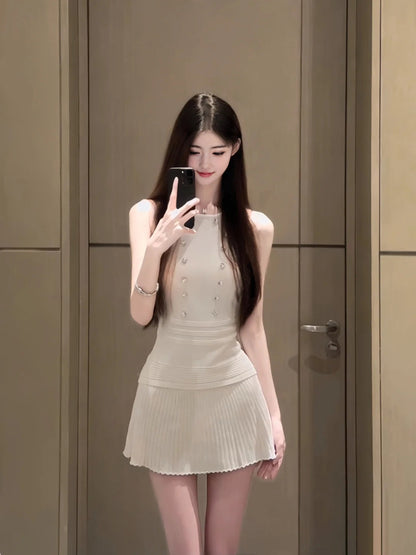 Suit outfit gentle temperament white vest pleated skirt two-piece suit R0662