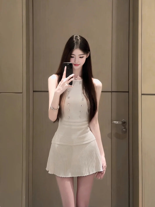 Suit outfit gentle temperament white vest pleated skirt two-piece suit R0662