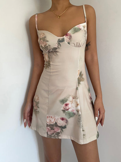 Rose suspender dress summer slim temperament sleeveless skirt waist a-line short skirt R3031