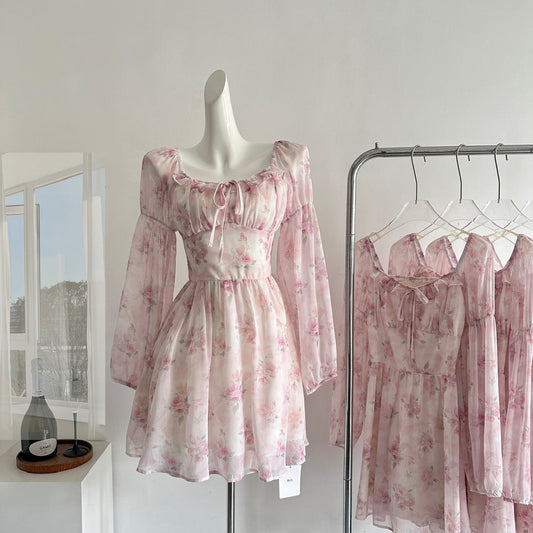 Cute A line Square Neckline Floral Pink Short Summer Dress Holiday Party Birthday Outfits DP0139
