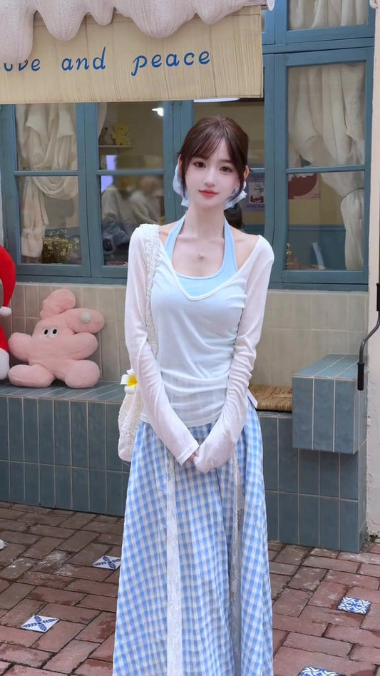Women's suit beautiful long-sleeved T-shirt blue halter neck vest skirt three-piece suit R0695