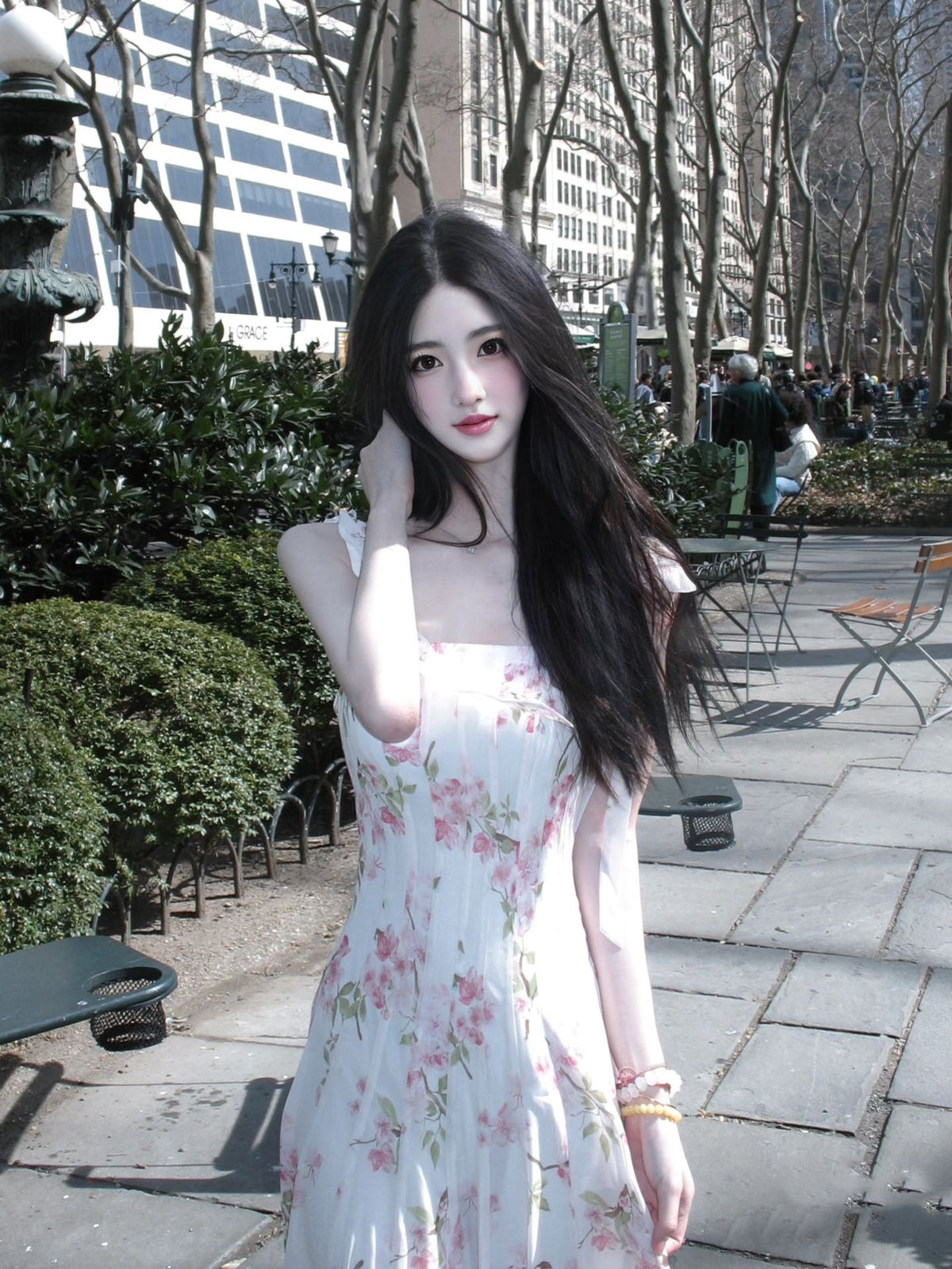 New gentle temperament suspender floral dress beautiful waist A-line long skirt R0696