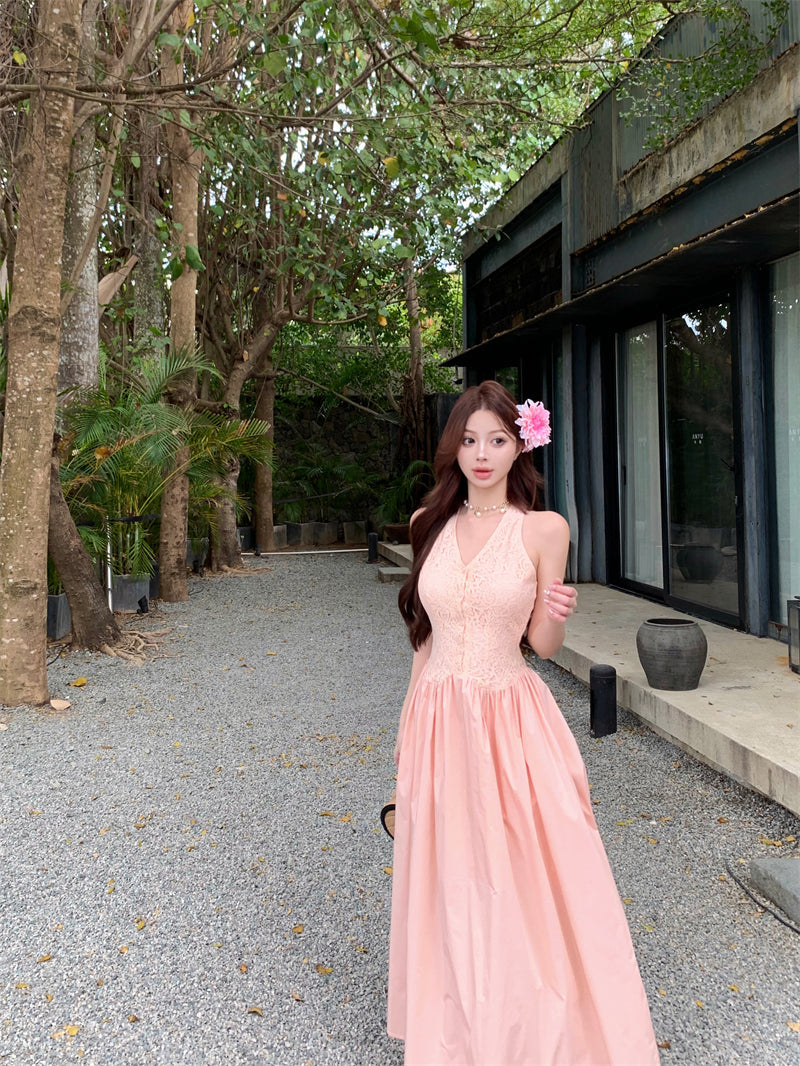 Temperament pink v-neck lace sleeveless dress pretty little skirt R0620