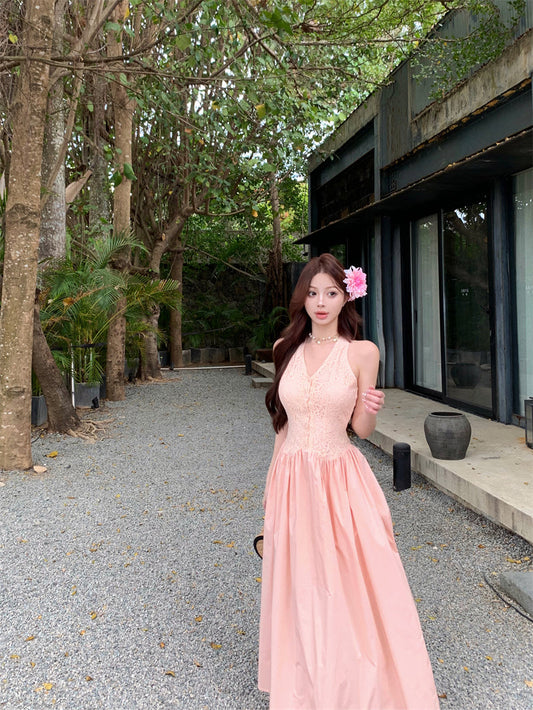 Temperament pink v-neck lace sleeveless dress pretty little skirt R0620