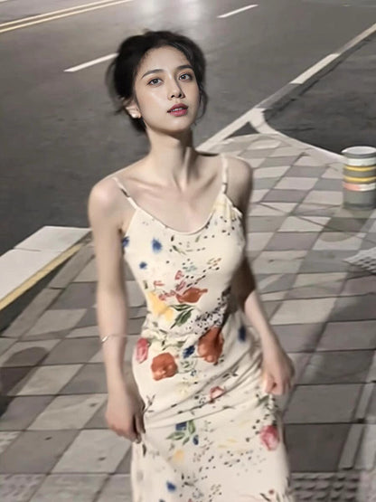 Floral suspender dress Slim fit temperament waist hip long skirt R0607