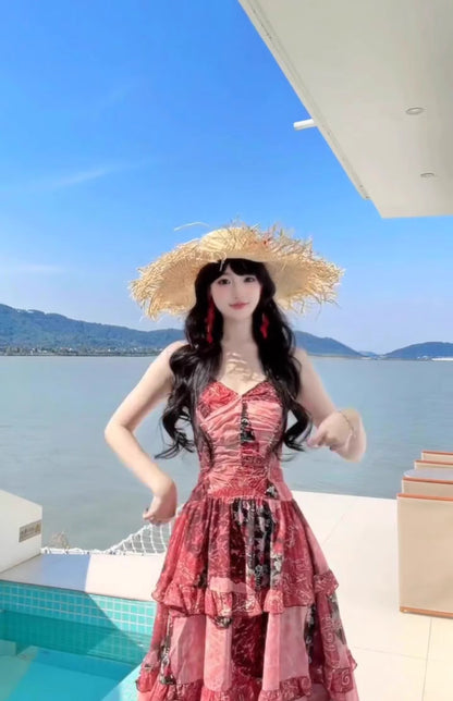 Retro floral suspender dress beautiful waist temperament long skirt R0610