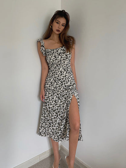 French retro floral tight slit suspender dress slim sexy mid-length skirt over the knee skirt R3036