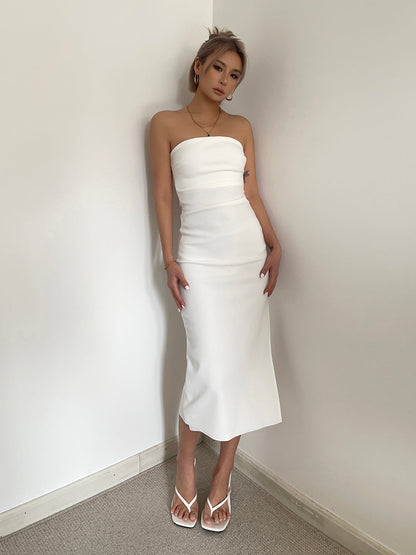 Hot girl sexy slit tube top dress slim fit medium length hip waist dress high-end long skirt R3037