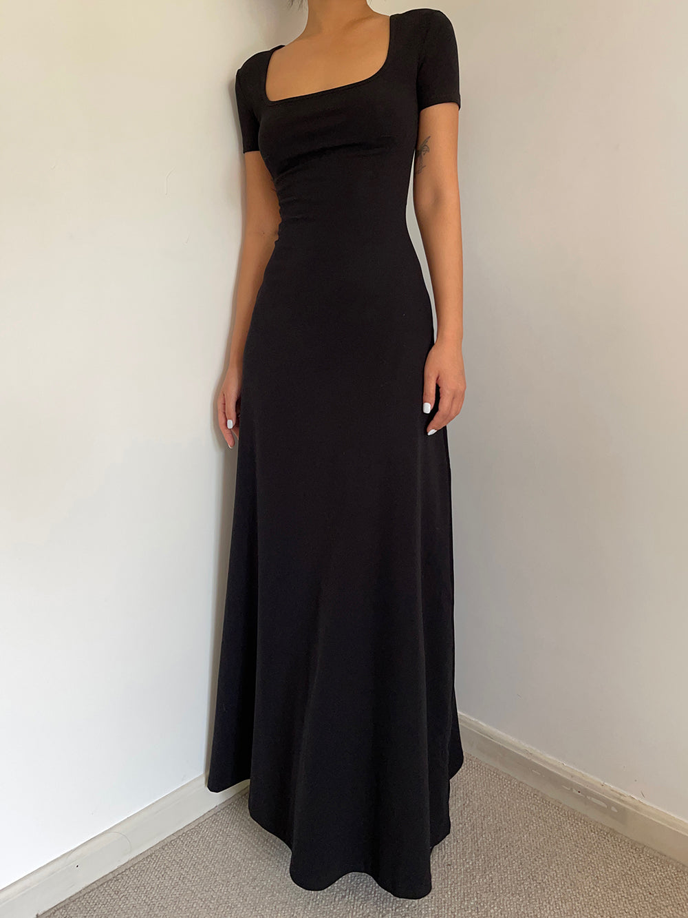Summer French Square Neck Dress Slim Fit Short Sleeves Knee-Length Temperament Long Dress R3028