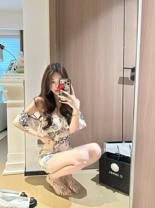 French retro floral one-shoulder dress feminine waist slimming hip short skirt R3593
