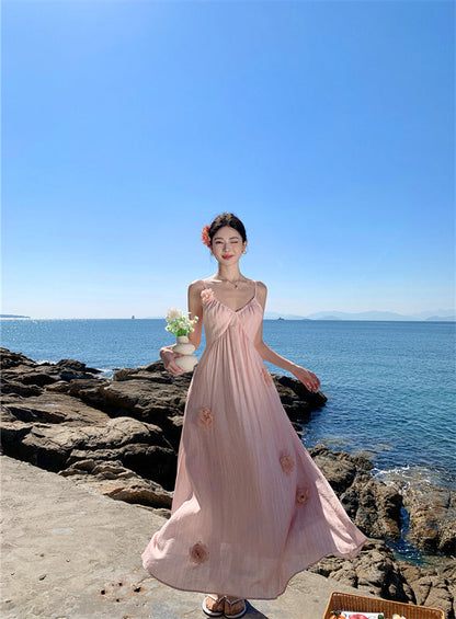 Pink flower suspender dress beautiful small skirt temperament long skirt R0521