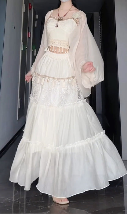 Set Retro Suspender Top Knitted Cardigan Tassel Skirt Three-piece Set R0525
