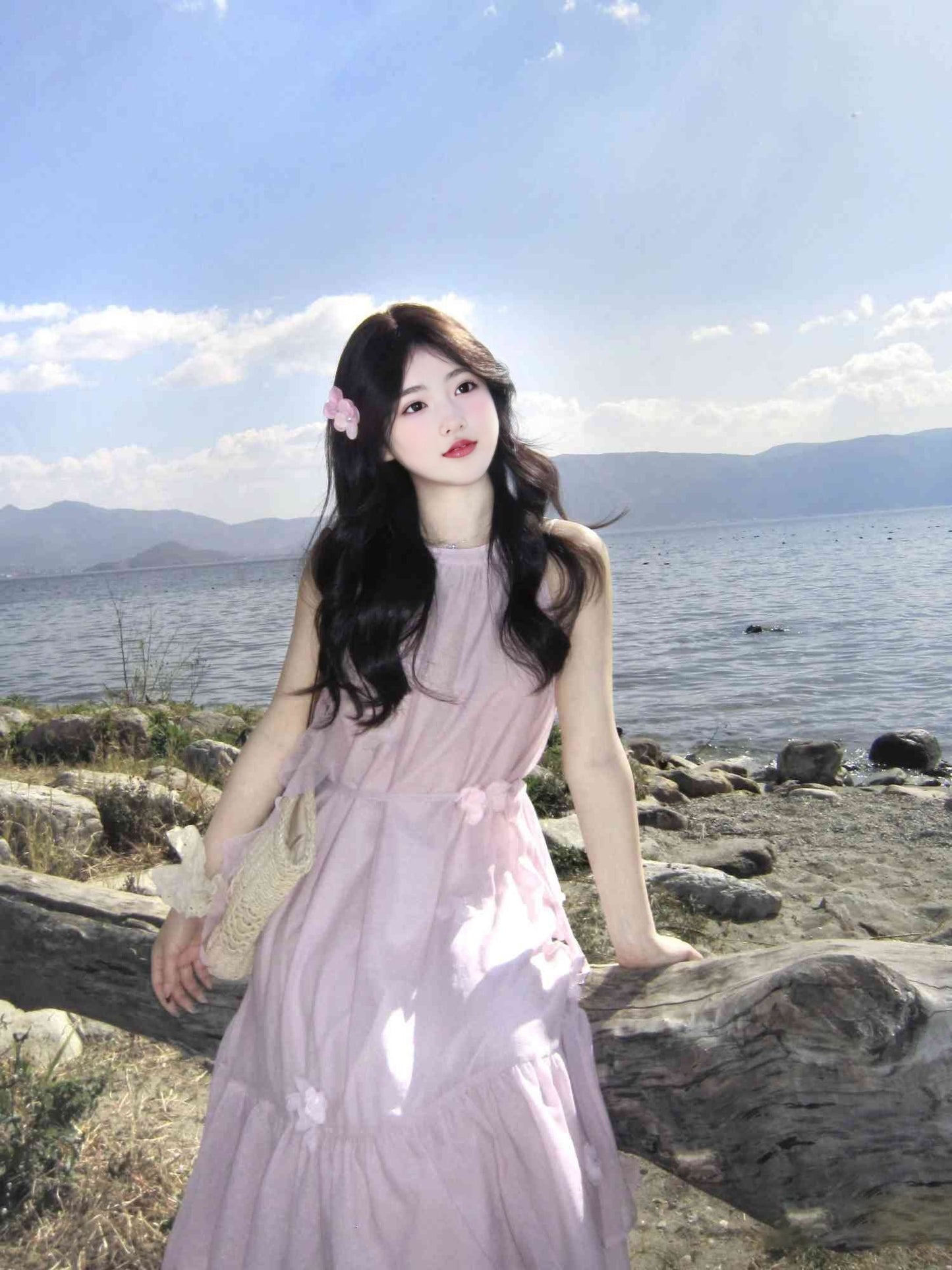 Gentle pink sleeveless halter neck dress beautiful loose skirt R0528