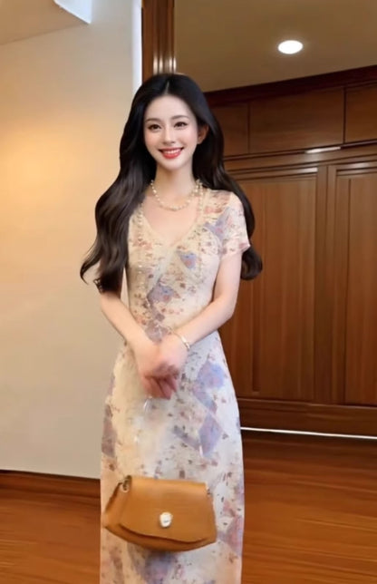 Purple lace patchwork v-neck short-sleeved dress with slim waist and hip skirt R0523