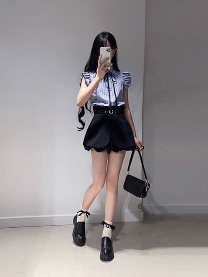 Suit gentle temperament beautiful blue shirt flower bud shorts two-piece suit R0824