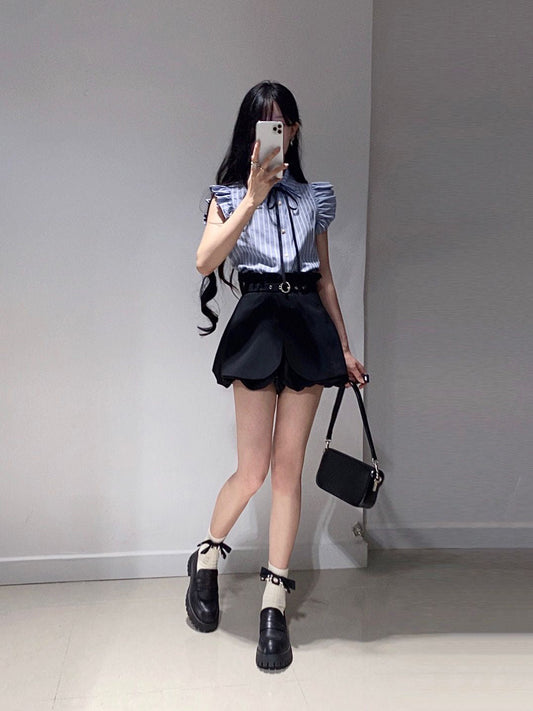 Suit gentle temperament beautiful blue shirt flower bud shorts two-piece suit R0824