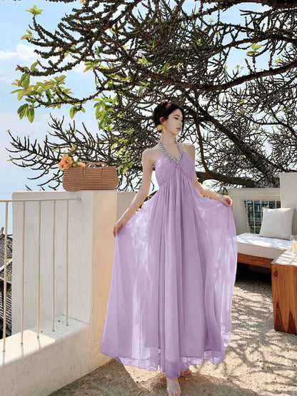 Beautiful little skirt yellow backless halter neck long skirt new style R0641