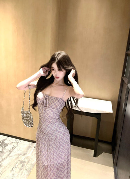Purple suspender dress beautiful waist a-line beach dress R0587