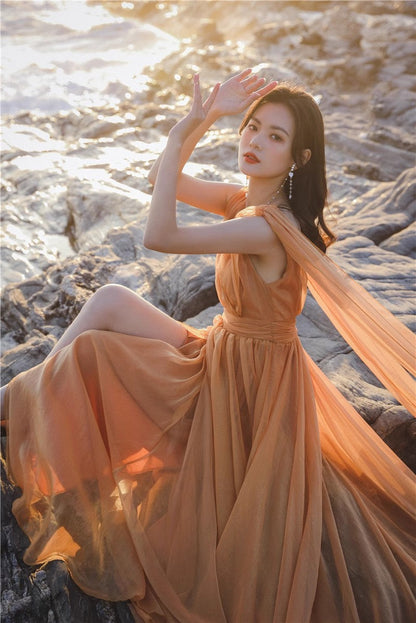 A Line Orange Long Stunning Evening Gown Party Prom Dress       S7302