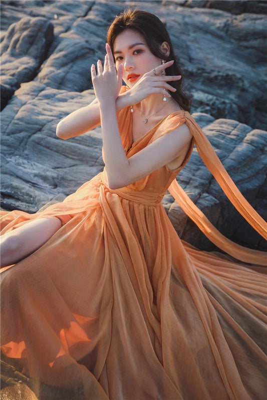 A Line Orange Long Stunning Evening Gown Party Prom Dress       S7302