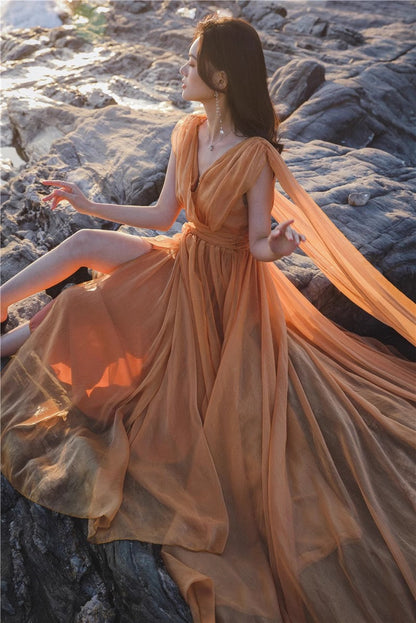 A Line Orange Long Stunning Evening Gown Party Prom Dress       S7302