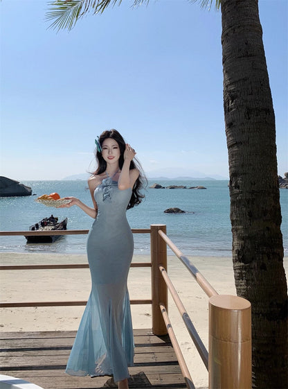 Fishtail Blue Long Stunning Evening Gown Party Prom Dress       S7266