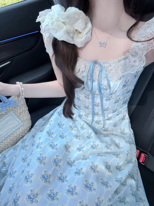 Gentle temperament blue floral dress new style beautiful small skirt R0684