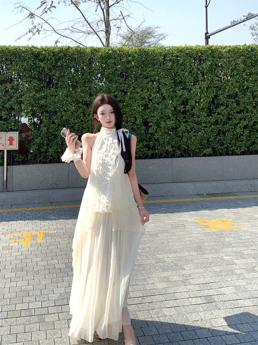 Beautiful suit outfit first love white floral halter neck top skirt two piece skirt R0689