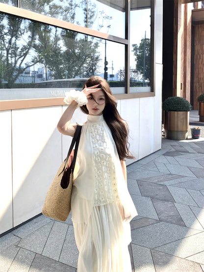 Beautiful suit outfit first love white floral halter neck top skirt two piece skirt R0689