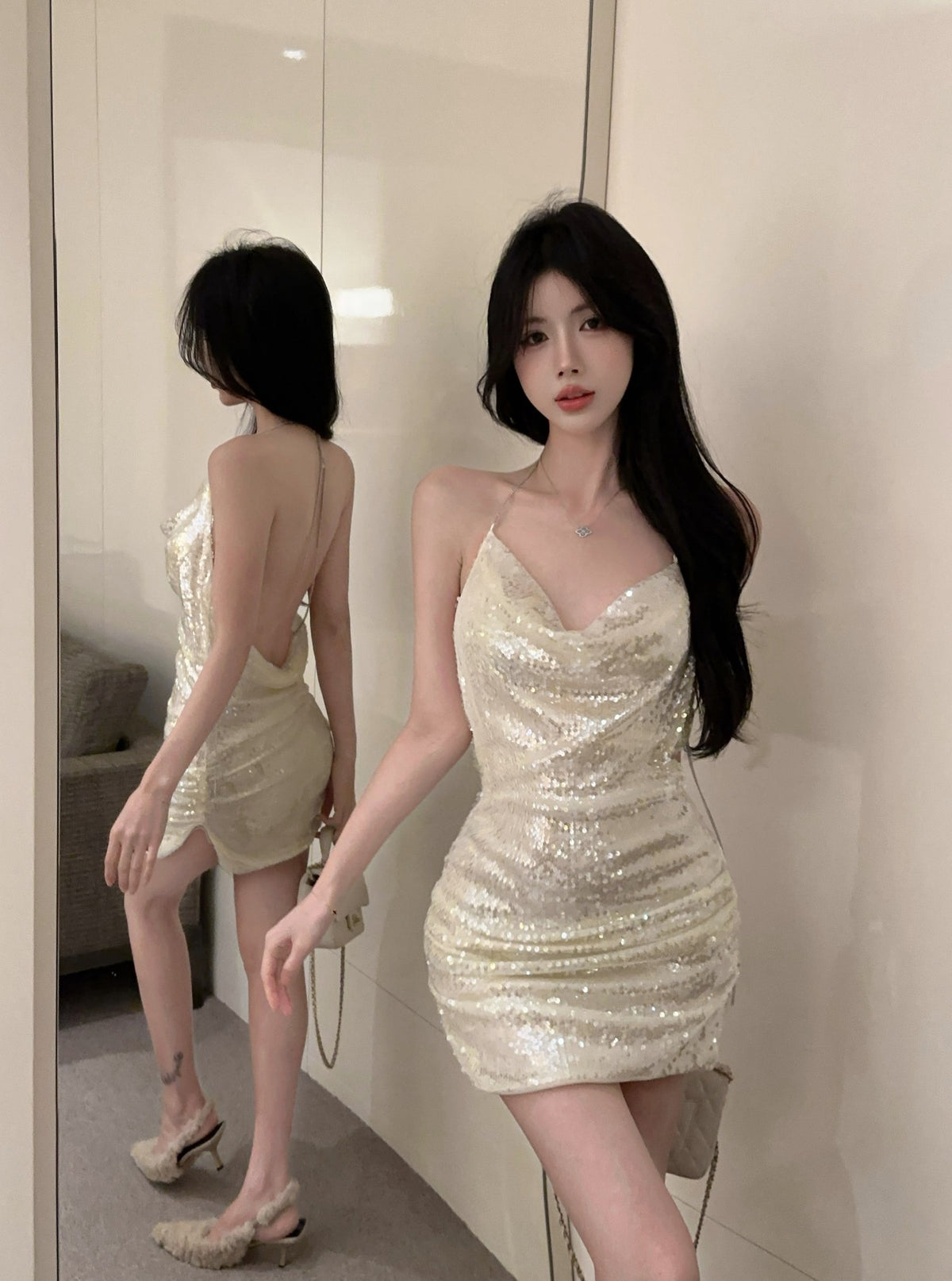 High-end halter neck open back sequined dress pure sexy high waist slim fit dress R3754