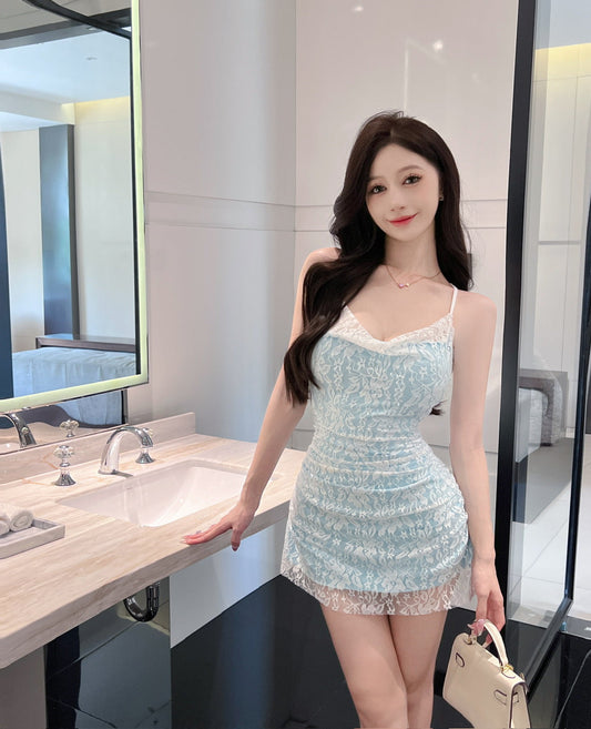 Cross backless lace suspender skirt tight and slim short inner dress R3751
