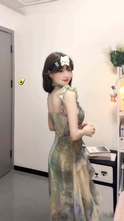 Blurred floral suspender dress temperament waist A-line beach dress R0659