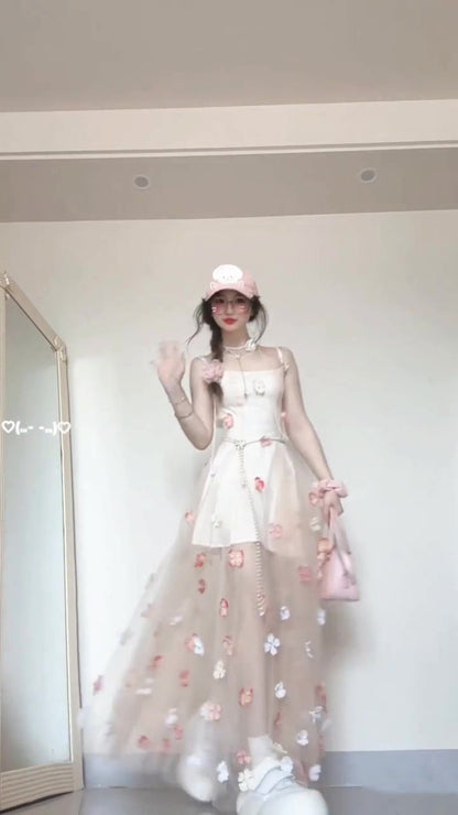 Flower suspender dress gentle temperament beautiful waist A-line long skirt R0661