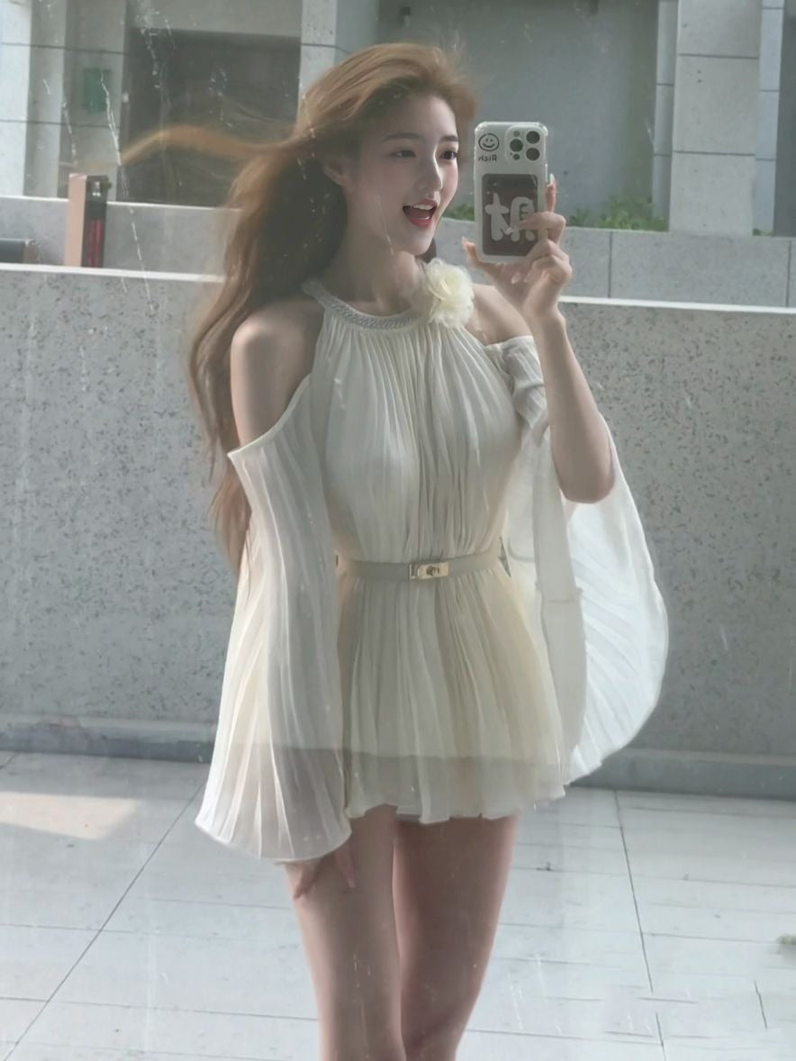 Temperament three-dimensional flower halter neck dress beautiful waist A-line short skirt R0653