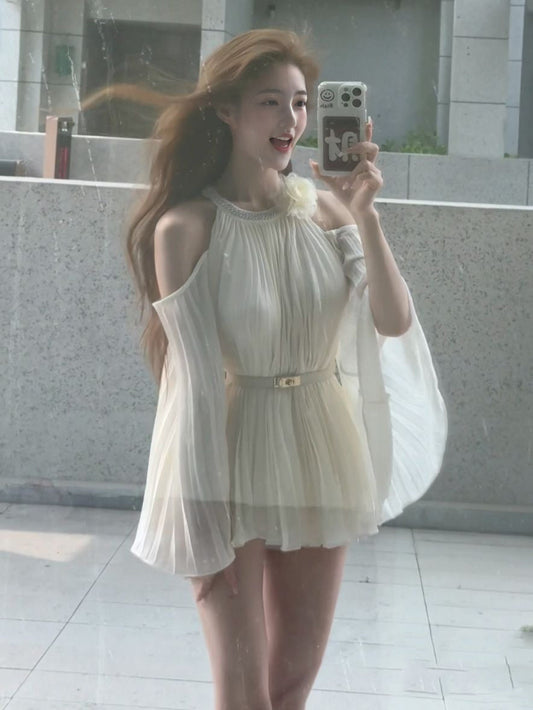 Temperament three-dimensional flower halter neck dress beautiful waist A-line short skirt R0653