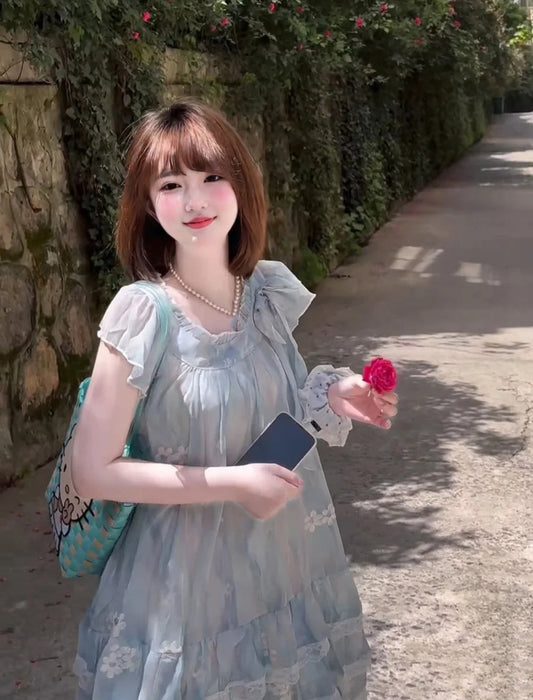 Gentle and sweet style blue floral dress beautiful loose A-line short skirt for petite R0651