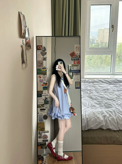 Gentle and sweet style vest dress beautiful loose A-line short skirt R0827