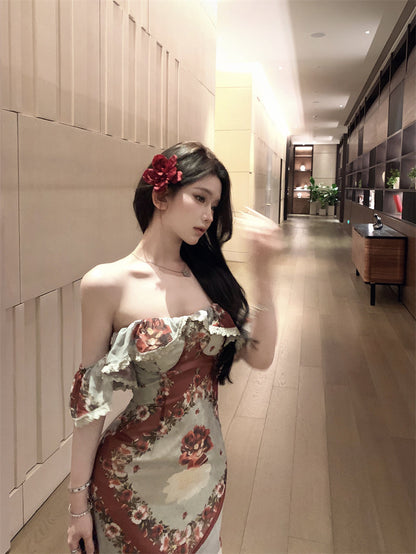 Retro tube top floral dress beautiful waist slim hip skirt R0573