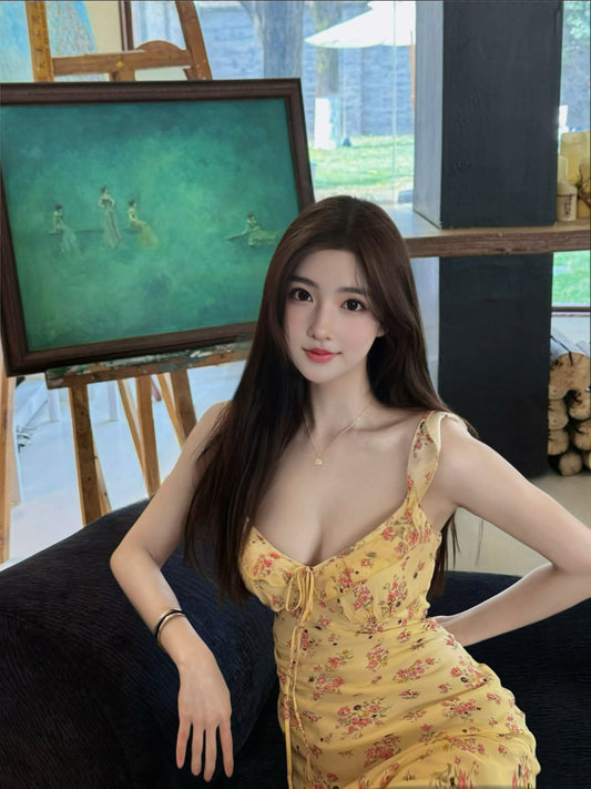 Yellow floral suspender dress with gentle temperament and slim waist R0604