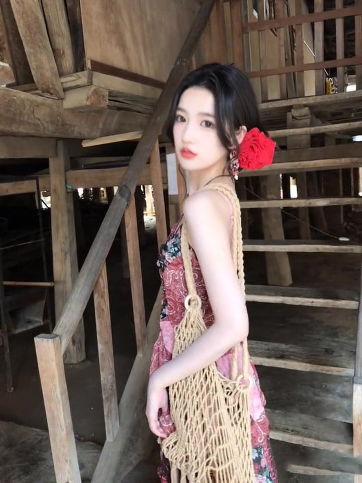 Women's Retro Floral Sling Dress Beautiful Waist A-Line Long Dress R0605
