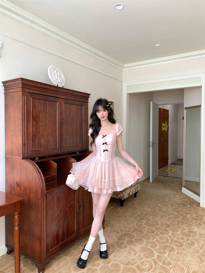 Cute Suqare Neckline Lace Tiered Draped Short Prom Dress Homecoming Dress with Bowknot  D1754