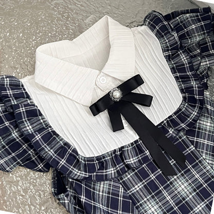Retro plaid college style fake two-piece dress for women sweet temperament princess dress R0030