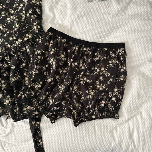 French black floral tea dress 2025 new waist slimming dress R0049